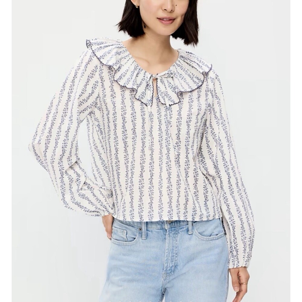 Old Navy Top Long Sleeve Ruffle Tie Neck Blue Minimalist Work Preppy Small NWT
